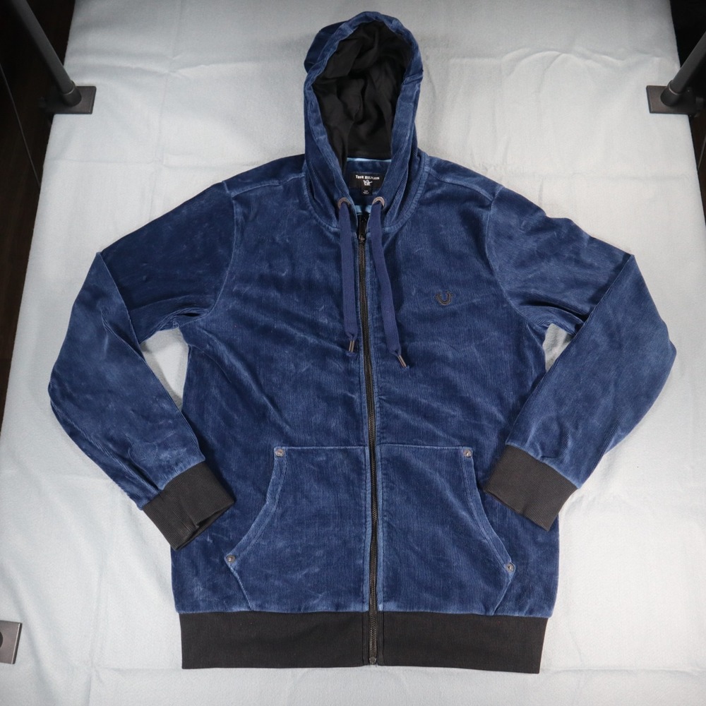 True Religion World Tour Full Zip Blue Corduroy Velour Hoodie Buddha Logo Mens S